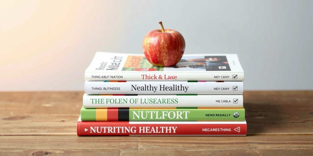 Pila de libros sobre nutrición y salud con una manzana