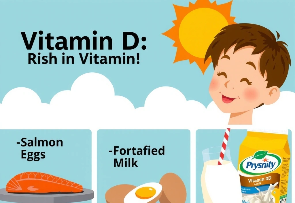 Ilustración de la Vitamina D, sol y alimentos